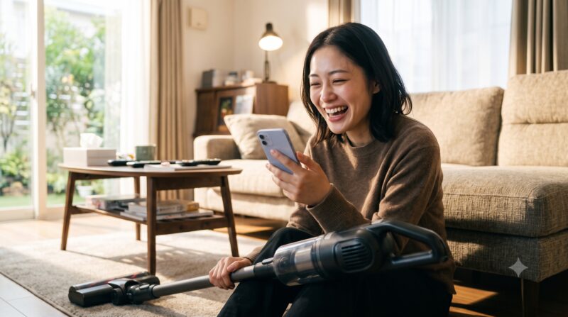 明るいリビングで、コードレス掃除機を傍らに床に座り、スマートフォンを見ながら大笑いする日本人女性