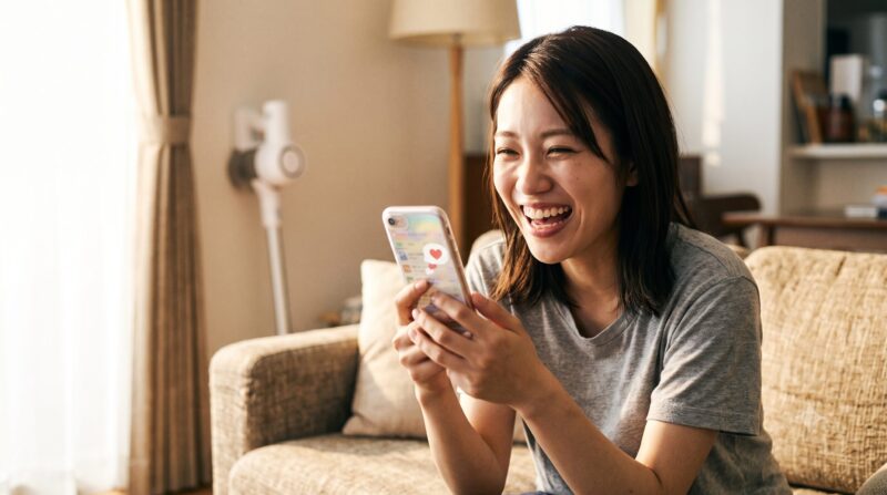 スマートフォンを見て笑顔で笑う、明るいリビングルームのソファに座った女性。