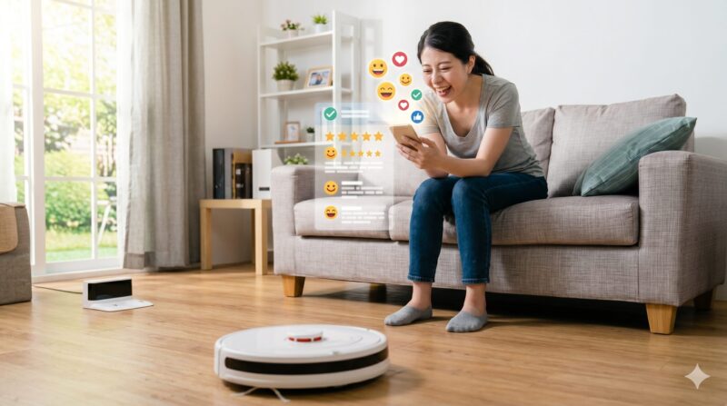スマートフォンでロボット掃除機の5つ星高評価レビューを見て満面の笑みを浮かべる女性の様子