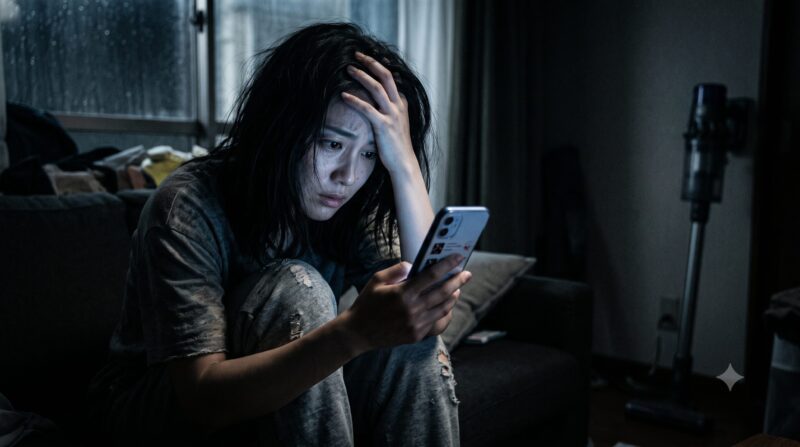 掃除機選びに失敗し、スマホの悪い評判を見て後悔する女性。