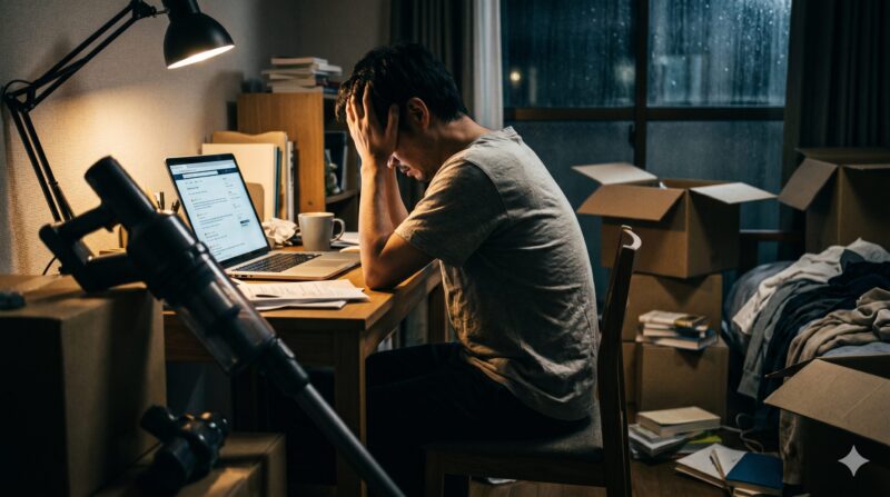 パソコンでコードレス掃除機の口コミや評判を調べ、低評価やデメリットを知って頭を抱え絶望する男性。