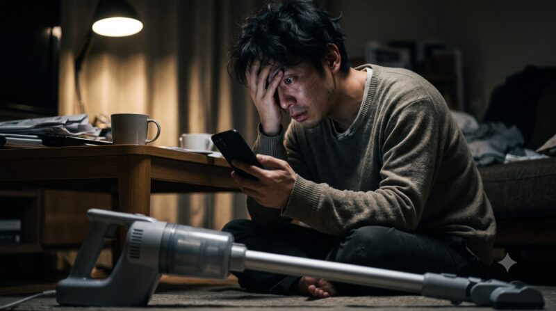 掃除機のデメリットや悪い口コミをスマートフォンで見て絶望し、顔を覆って悩む男性