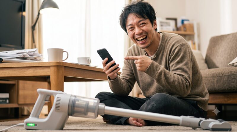 スマートフォンでおすすめのコードレス掃除機を指差し、笑顔で喜ぶ日本人男性。