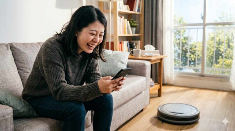ロボット掃除機Omni E25の良い口コミや評判をスマホで調べて笑顔になっている女性。