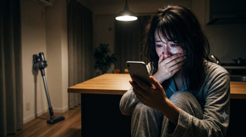 スマートフォンを見て泣き崩れる若い女性。夜のリビングルームでショックを受けている様子。