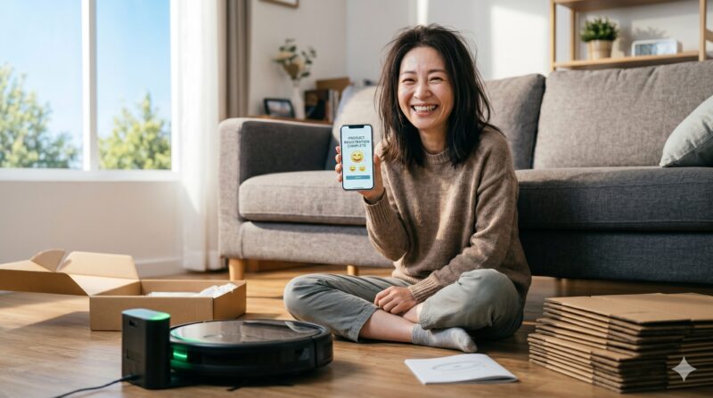 リビングルームで、開封したロボット掃除機と「PRODUCT REDEMPTION COMPLETE」と表示されたスマホ画面を見せて笑顔の日本人女性。