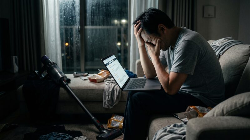 リビングのソファで、コードレス掃除機の口コミを見ながら絶望的な表情で頭を抱える男性。