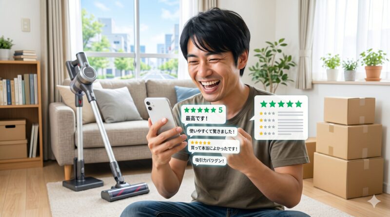 スマホで掃除機の星5高評価レビューを見て満面の笑みを浮かべる男性とコードレス掃除機。