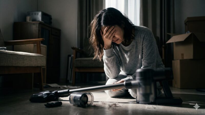 薄暗い部屋で分解されたコードレス掃除機を前に座り込み、顔を覆って絶望する女性の様子。