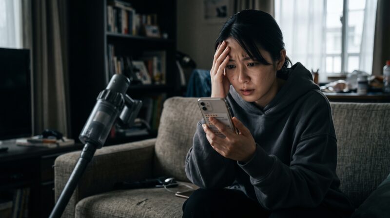 スマホでマキタのコードレス掃除機の口コミを調べて頭を抱え絶望する女性