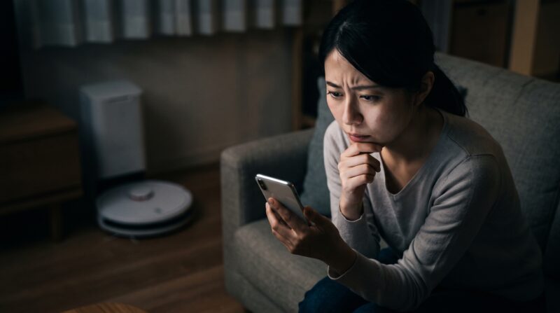 水拭きロボット掃除機の口コミをスマホで検索し、深刻な表情で悩む日本人女性