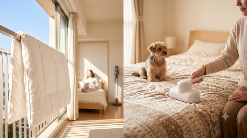 布団クリーナーでベッドを掃除する人と、隣に座る犬、そして窓の外に干された布団。
