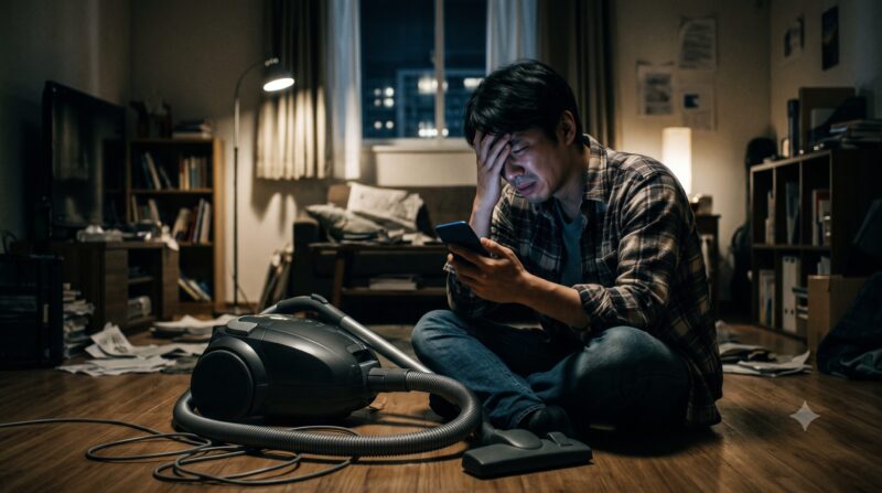 散らかった部屋で、掃除機を前にスマートフォンを見て絶望する男性。