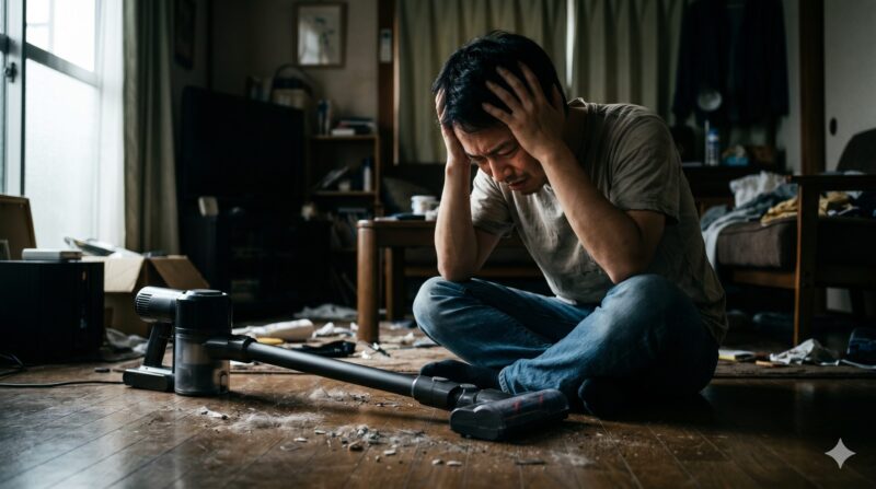 コードレス掃除機を前に頭を抱えて絶望している男性のイメージ画像