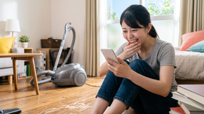 明るいリビングルームでスマートフォンを見て笑顔で座る日本人女性と、奥に見える掃除機