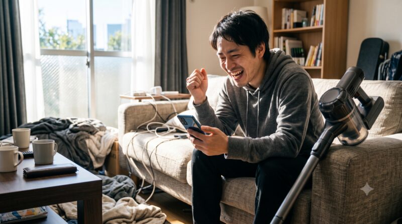スマートフォンを見て笑顔でガッツポーズをする男性。散らかったソファとコードレス掃除機のある明るいリビング。