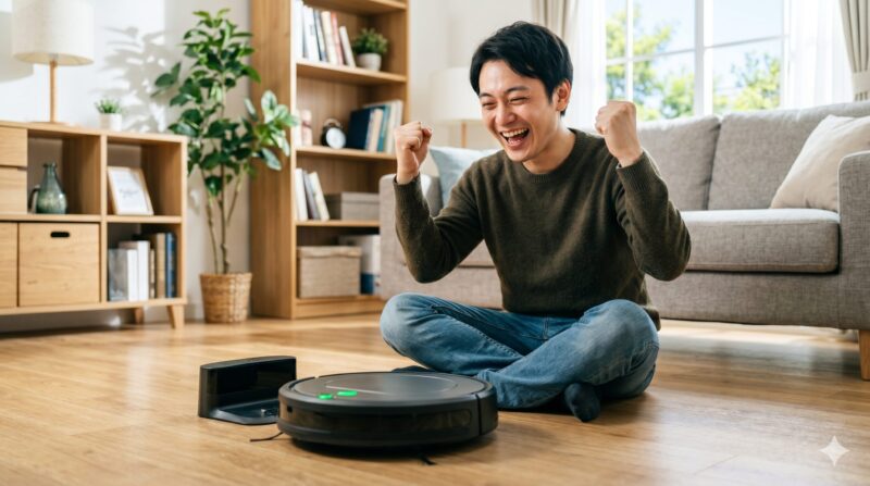 リビングルームでロボット掃除機の掃除完了にガッツポーズをして喜ぶ男性