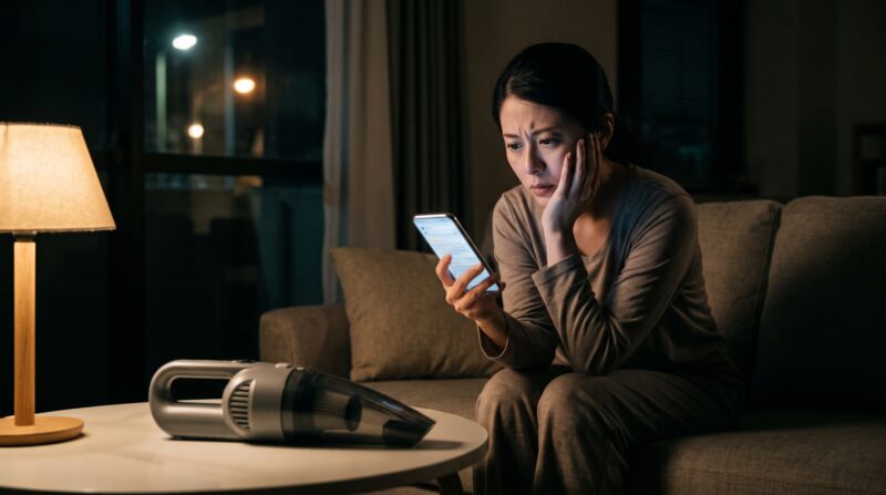 車用ハンディクリーナーの悪い口コミをスマートフォンで見て不安に悩む女性