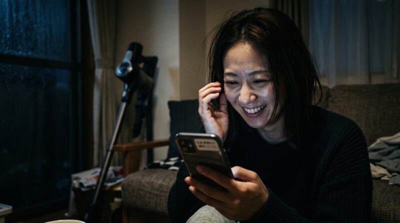 夜の室内でスマートフォンを見て大喜びする女性。背景にコードレス掃除機V8 Cyclone（SV55 FF BK2）。