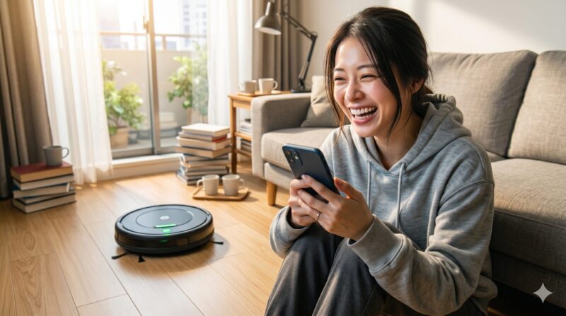 明るいリビングで、スマートフォンを見て爆笑する女性。床には掃除中のロボット掃除機。