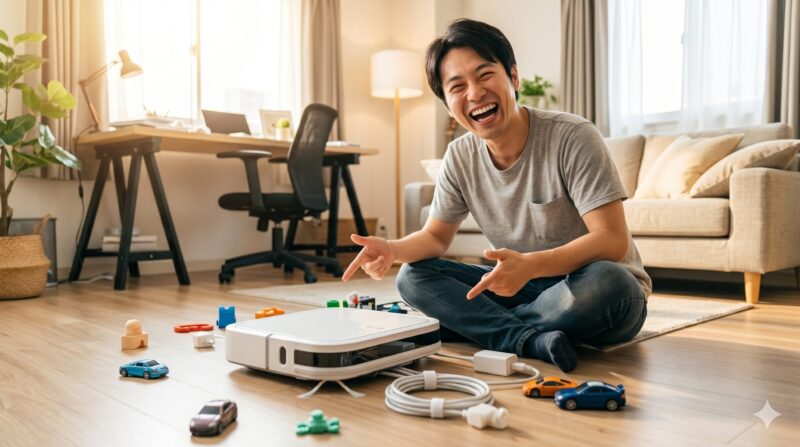 明るいリビングの床でロボット掃除機とおもちゃの間に座り、笑顔で指さす男性