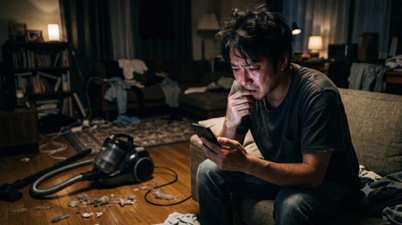 スマートフォンで掃除機の口コミを見て絶望し、汚れた部屋で泣いている男性の様子