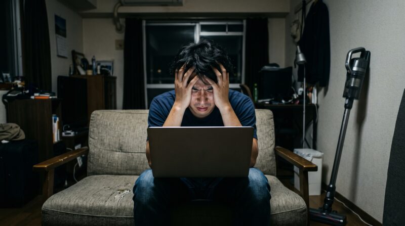 掃除機を前にノートパソコンで口コミや評判を調べ、購入を悩んで頭を抱える男性