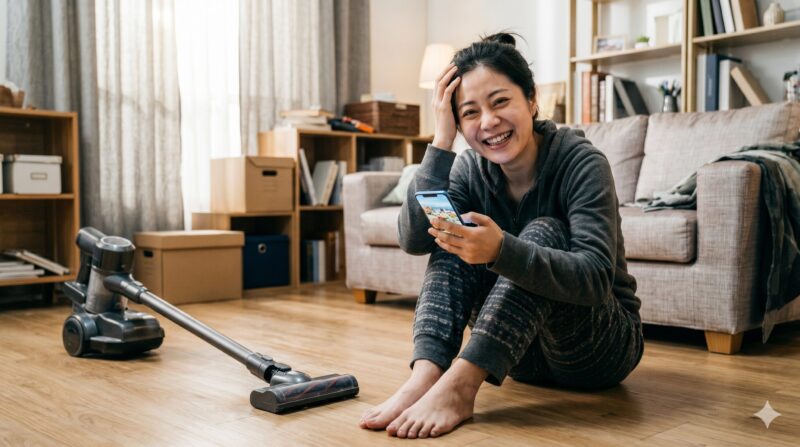 リビングルームの木製床に座り、コードレススティッククリーナーの隣でスマートフォンを見て笑顔の女性。