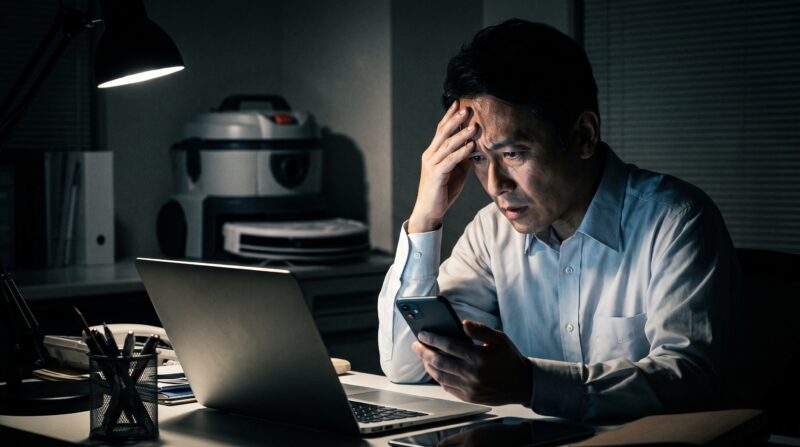 RC300Dの口コミや評判をスマホで調べて不安になる日本人男性作業員の画像