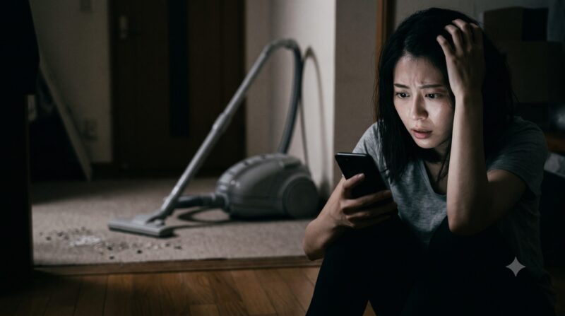 掃除機の横でスマホを見ながら頭を抱え、デメリットや口コミに悩んで絶望している女性。