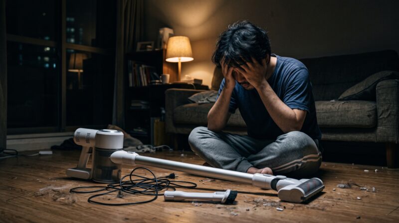 コードレス掃除機の選び方に失敗して後悔し、散らかった部屋で頭を抱えて絶望する男性