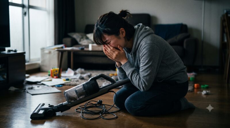 掃除機の購入を後悔し、散らかった部屋で掃除機を前に絶望して泣き崩れている女性のイメージ画像。