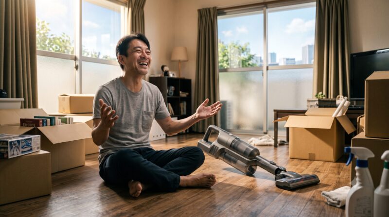引っ越し後の明るいリビングで、コードレス掃除機を横に笑顔で床に座る男性の様子。
