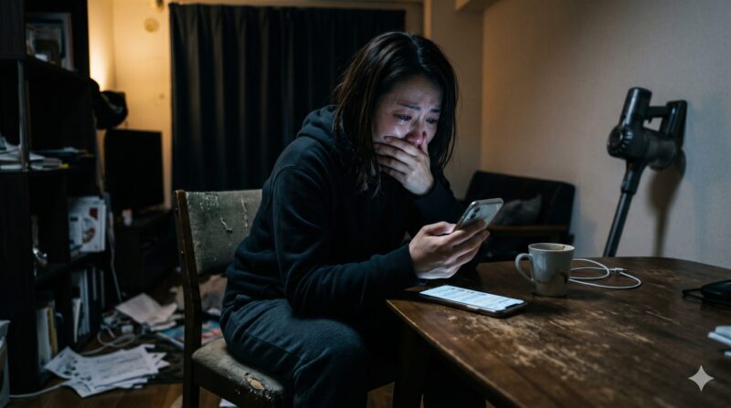 コードレス掃除機の口コミや評判をスマホで調べて絶望している女性のイメージ画像