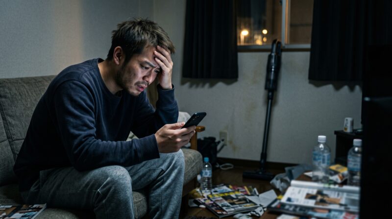 散乱した部屋で口コミ評判をスマホで調べながら、頭を抱えて不安げな表情を浮かべる日本人男性とCL116Dコードレス掃除機の様子