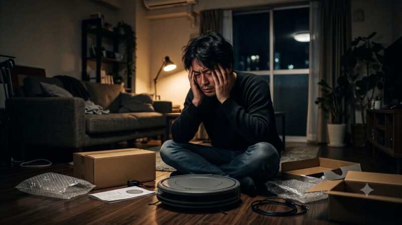 ロボット掃除機の購入を後悔し、薄暗いリビングで頭を抱えて絶望している男性の様子