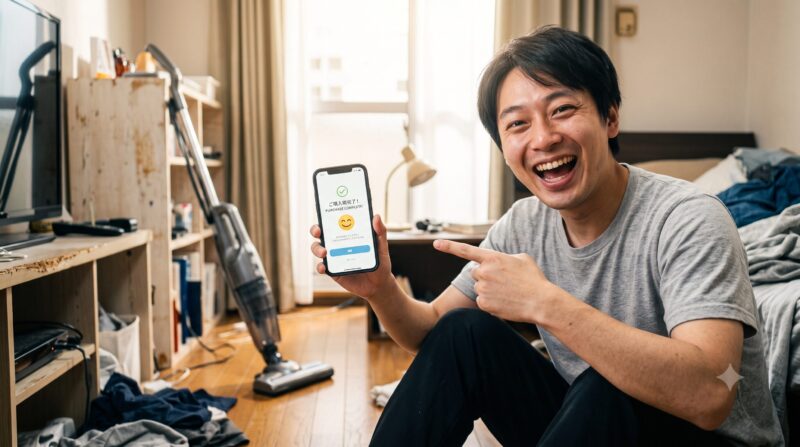 散らかった自宅リビングで、スマートフォンに表示された『ご購入完了！』の画面を指差して喜ぶ男性。