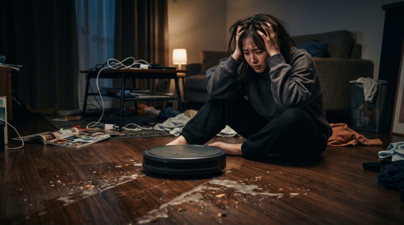 汚れた床で水拭きロボット掃除機の失敗に絶望し頭を抱える女性の写真