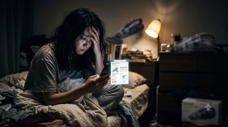 布団クリーナーの購入を比較検討中、スマートフォンで口コミや評判を調べて頭を抱えて悩む女性。