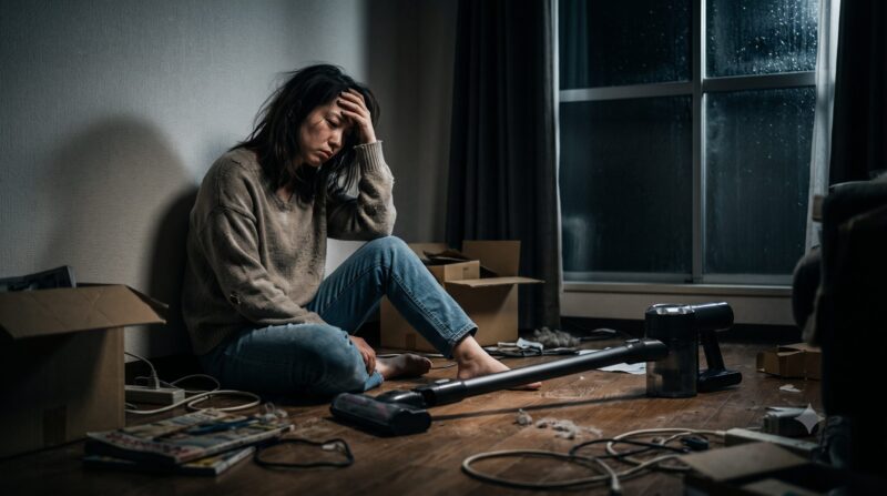 スティッククリーナーのデメリットに悩み、薄暗い散らかった部屋で頭を抱えて後悔している女性。