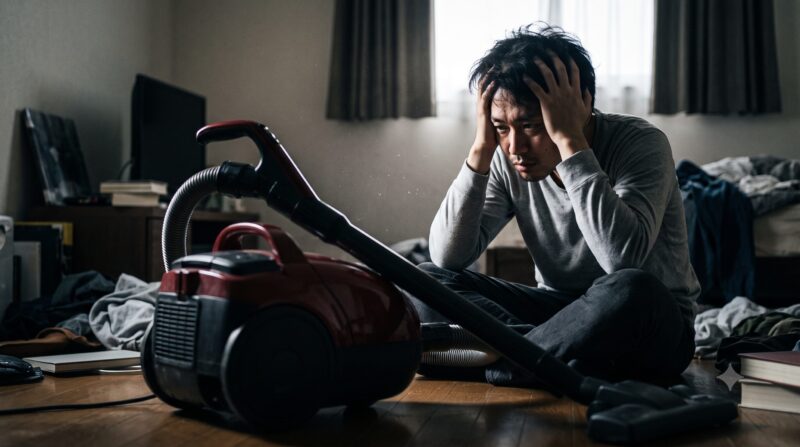 掃除機「CV-SP300M」の悪い口コミやデメリットに悩み頭を抱えて後悔する男性。