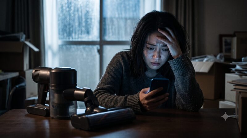 雨の日の暗い部屋で、掃除機を前にスマートフォンで悪い口コミを見て後悔し、頭を抱えて絶望する日本人女性。