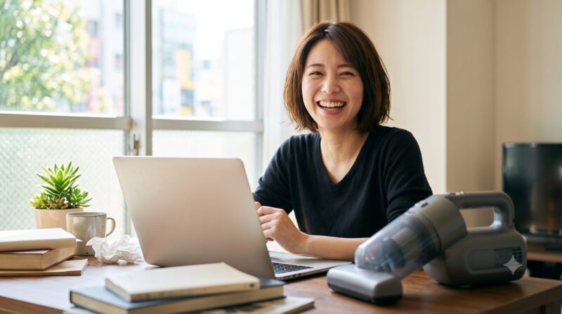 在宅ワークのデスクでノートパソコンとハンディ掃除機を前に笑顔の女性