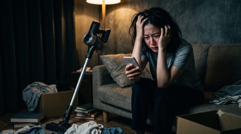 掃除機の悪い口コミを見て後悔し、ソファーでスマホを手に頭を抱えて泣く女性と散らかった部屋のコードレス掃除機。