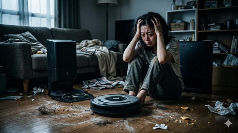 散らかった部屋でロボット掃除機を前に頭を抱え絶望する女性の画像：Anker Eufy「X10 Pro Omni」の悪い評判や欠点をイメージ