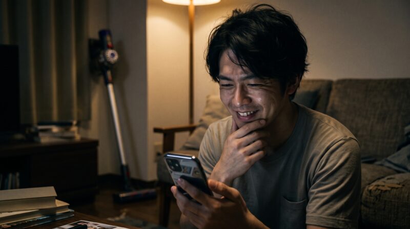 スマートフォンで製品レビューを見て、笑顔で満足する日本人男性。背景にコードレス掃除機。