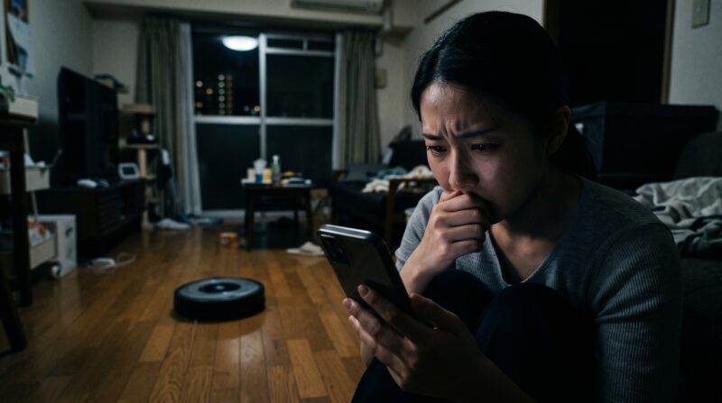 ルンバとエコバックスのロボット掃除機の口コミを見て、深刻な表情でスマホを握りしめ悩む日本人女性