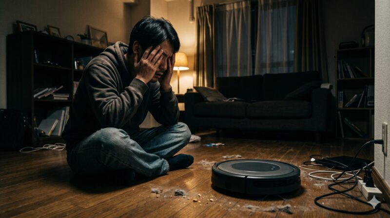 ロボット掃除機を前に、散らかった部屋で絶望する男性。