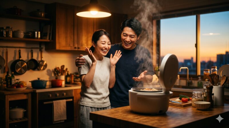 蒸気の立ち上る電気調理鍋を前に、歓喜する日本人カップルのキッチン風景