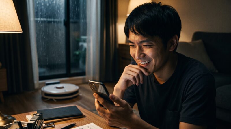 夜、デスクでスマートフォンを見て笑顔になる男性と、背景に映るロボット掃除機（WINBOT MINI2）。